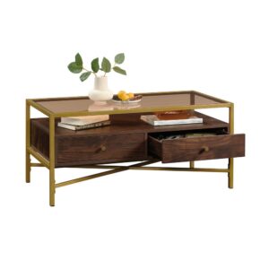 Create a unique focal point while adding a touch of glamorous style to your space with this glass-top coffee table from the Harper Heights® collection. This wood and metal coffee table offers a spacious top surface with room for magazines