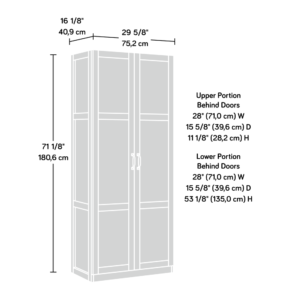 supplies and more in the Sauder Select two-door storage cabinet. This double door storage cabinet offers the perfect amount of style and practicality for any room in your home. This durable storage cabinet has four adjustable shelves and a full-width upper shelf so you can stash books