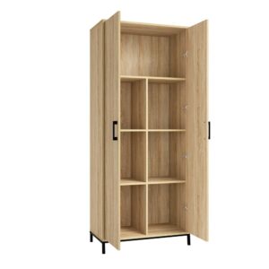 this storage cabinet with shelves offers ample space for all your things. It includes four adjustable shelves that can move to different heights to create flexible storage for items of all shapes and sizes. This 2 door storage cabinet provides you with all the room you need to stow away various household items like your collection of books or board games. It also includes a full upper shelf for larger items likes towels and spare blankets. It has room for all your things! Finished in Charter Oak™ and detailed with a durable