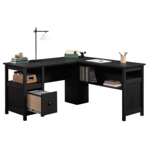 A deep Raven Oak® finish sets apart this L-shaped desk from the Dawson Trail® collection apart and brings a stunning centerpiece to any home office. This l-shaped home office desk features a file drawer with full extension slides that conveniently holds your most important letter-size hanging files. For a tidy workspace