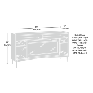 safety-tempered glass door for customizable storage to fit your needs. This TV console with glass doors features two open shelves that are ideal for holding all your audio/video and gaming equipment. Say goodbye to the chills – this entertainment credenza includes an electric fireplace with thermostat settings to heat up to 400 square feet in any room of your home. A remote control and programmable timer are included so you can keep toasty without leaving the comfort of your couch. It includes 11 heat and 5 brightness levels