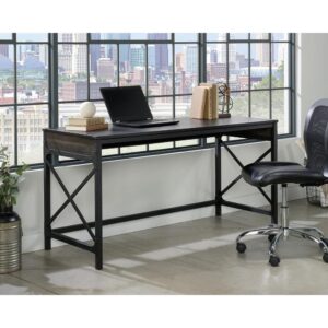 powder coated metal frame. This 59-inch desk is constructed with a high-wear melamine top surface which is heat