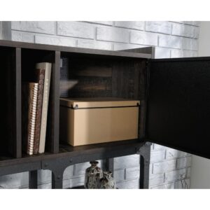 metal doors for hidden storage of binders or other office supplies. Two metal trays