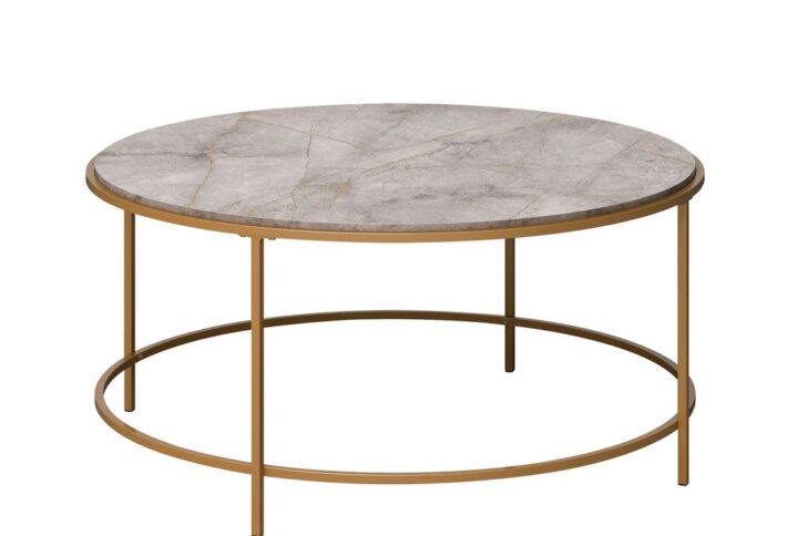 Bring your coffee table into the 21st century with the International Lux® metal and wood coffee table. This stylish but functional round coffee table brings luxury into any home without being visually overwhelming. The large faux stone top allows you to display home décor