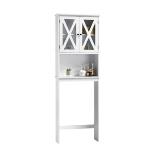 your wishes have been answered with this bathroom etagere from the Cottage Road® collection. This white etagere is the perfect space saving cabinet that fits over the toilet to maximize the amount of precious storage space used. Two safety tempered glass doors with crisscross detailing allows you peek-a-boo storage for bathroom linens