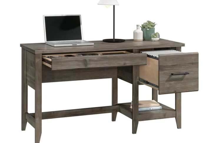 Spacious but compact and stylish without being flashy—This desk from the Summit Station® collection adds visual intrigue and unique storage to your home office