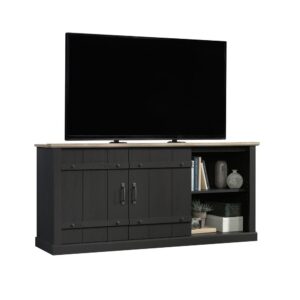 The ease and unique design of sliding barn doors never go out of style. Bring this classic feature into the 21st century with this TV credenza from the Sauder Select collection. This farmhouse TV stand accommodates up to a 70" TV weighing 95 lbs. or less