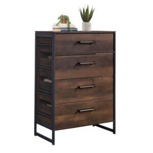 modern style that is sure to enhance any bedroom. This dresser for storage features four large drawers that open and close on smooth metal runners for easy access to an arrangement of clothing like stacks of blue jeans