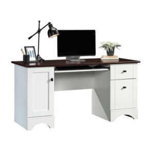 There's no fooling around here—this computer desk from the Sauder Select collection means business. This home office desk is equipped with a slide-out keyboard/mouse shelf with metal runners and safety stops that keep your work from home ergonomics tip top while preserving your top surface space. The top surface is big enough for all your home office essentials: a computer