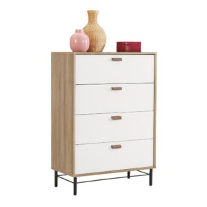 Save on floor space without sacrificing storage space with this 4-drawer chest from the Anda Norr® collection. This modern dresser features four large drawers that open and close on smooth metal runners and safety stops. These spacious drawers are ideal for stowing away anything from your collection of statement blouses and dress slacks to your secret stash of old t-shirts and sweatpants. You can find room for all your things! This 4-drawer dresser features a roomy top surface that makes a great place to display home décor items and other bedroom essentials like a mirror