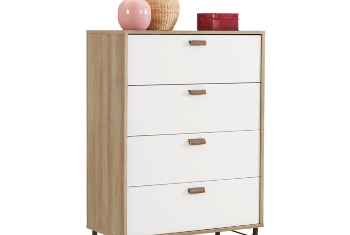 Save on floor space without sacrificing storage space with this 4-drawer chest from the Anda Norr® collection. This modern dresser features four large drawers that open and close on smooth metal runners and safety stops. These spacious drawers are ideal for stowing away anything from your collection of statement blouses and dress slacks to your secret stash of old t-shirts and sweatpants. You can find room for all your things! This 4-drawer dresser features a roomy top surface that makes a great place to display home décor items and other bedroom essentials like a mirror