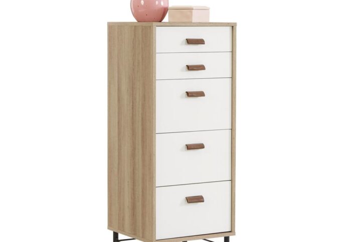 Sometimes you need drawer storage space without needing a large dresser. This lingerie chest from the Anda Norr® collection fulfills that specific need. This wood lingerie chest features five drawers with metal runners and safety stops. The top two drawers of this 5-drawer lingerie chest are smaller and feature a felt-lined bottom surface for your fine textiles