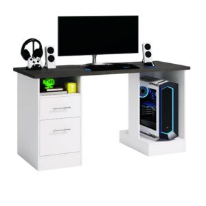 while the lower drawer holds letter-size hanging files. The open storage pedestal includes an adjustable shelf and allows optimal airflow to computer towers