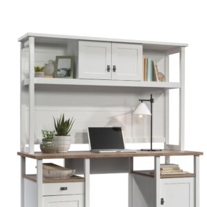 Add an extra touch of fashionable style and convenient storage to your home office decor with this desktop hutch from the Cottage Road collection. This handy desktop hutch organizer easily attaches to Desk 430056 to give your home office or workspace a completed look. This cottage-inspired hutch for desk has open end panels and features a storage area behind the double doors – a space ideal for anything that needs hidden away. It also includes open shelving to hold items like a decorative plant