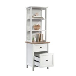 this storage tower with drawers from the Cottage Road collection adds a coastal/cottage design to any room you need more storage. Two drawers with full extension slides offer a durable option to store away miscellaneous office supplies in the top drawer and letter or legal size hanging files in the lower drawer. This storage tower cabinet has open end panels and two fixed shelves to hold and display items like keepsakes