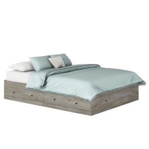 giving a polished look to any bedroom. This platform bed with storage features convenient under bed storage with two drawers on metal runners with safety stops. These drawers can be positioned on either side of the bed