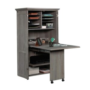 This multi-purpose armoire from the Sauder Select collection adds crafting or working space to your home without taking up an entire room. This craft armoire can function as both a craft/sewing cabinet or a home office work surface. A slide out shelf with full extension slides features a drop leaf extension for an extra work surface. Pull up a chair at this armoire with fold out table and finish that puzzle