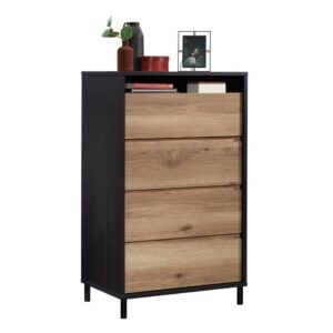 Lack of storage space is a thing of the past. Give your bedroom the additional storage it needs without having to sacrifice on the style you love with this 4-drawer dresser from the Acadia Way® collection. This rustic dresser features four spacious drawers that open and close on smooth metal runners and feature safety stops for easy access storage of items like stacks of slacks and your favorite blouses to comfy sweatpants and your collection of t-shirts. This 4-drawer chest has space for all of your things! A small open shelf provides additional storage for jewelry