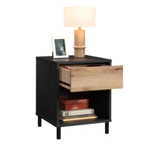 This nightstand with drawer from the Acadia Way® collection brings mixed aesthetics to any room in your home that you need an end table. This bedside table with storage features a drawer with metal runners and safety stops for ease of use storing your glasses