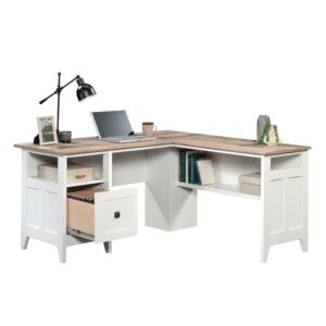 Bring the modern farmhouse look into your home with this L-shaped desk from the August Hill collection. This L-shaped home office desk features one file drawer with full extension slides that holds letter-size hanging files