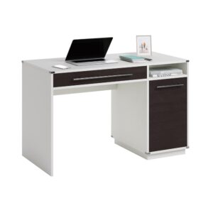 fresh style to your home office with this computer desk from the Vista Key® collection. This single pedestal computer desk features a flip-down front that reveals a slide-out keyboard/mouse shelf with metal runners and safety stops