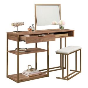 Get organized and improve your everyday routine with this bedroom vanity from the International Lux collection. This makeup vanity with mirror is loaded with amenities – all designed for convenience and functionality. It includes a mirror that tilts