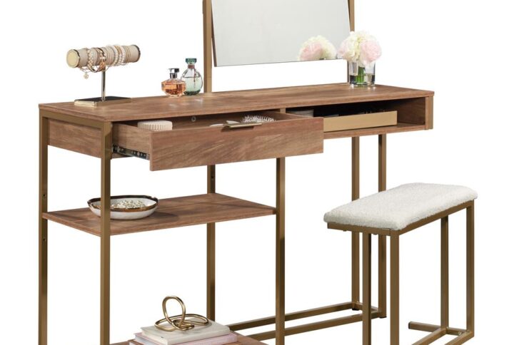 Get organized and improve your everyday routine with this bedroom vanity from the International Lux collection. This makeup vanity with mirror is loaded with amenities – all designed for convenience and functionality. It includes a mirror that tilts