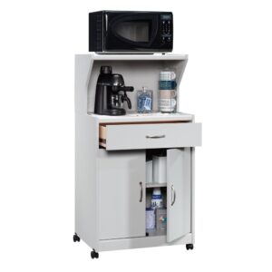 In need of a little extra storage space in your kitchen or dining area? Check out this microwave kitchen cart from the Sauder Select collection. This kitchen cart microwave stand features a dedicated area for your microwave oven for optimal kitchen organization. This grey microwave kitchen cart also has a top shelf for your spices