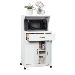 Add to your kitchen counter space without breaking the bank with this microwave kitchen cart from the Sauder Select collection. This kitchen cart with microwave shelf features a dedicated area for your microwave oven to avoid taking up valuable space on your kitchen counters. This kitchen cart microwave stand also has a spacious top shelf for additional display and storage of plates