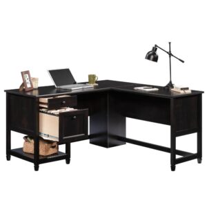 Revamp your office space with the sleek design of this L-shaped home office desk from the Edge Water® collection. This L-shaped desk with drawers offers a spacious top surface that provides you with room for everything you need like your planner