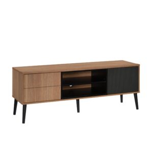 this TV stand with doors may be your answer. This two-toned modern TV credenza from the Ambleside™ collection accommodates up to a 60" TV weighing 70 lbs. or less. So