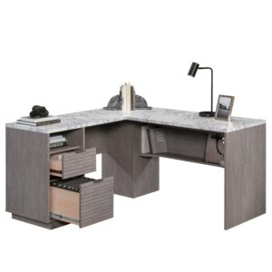 Upgrade your home office space with this contemporary L-shaped desk form the East Rock collection. This L-shaped desk with file drawer features a spacious work surface for your laptop