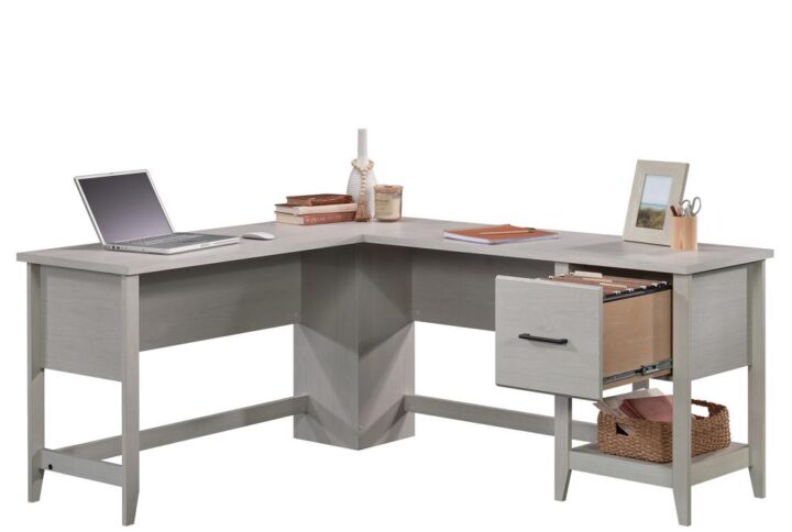 A classic L-shaped desk with some modern flair—the L-shaped home office desk from the Summit Station® collection delivers that and more. This transitional desk includes a file drawer with full extension slides that holds letter-size hanging files. If hanging files aren't your thing