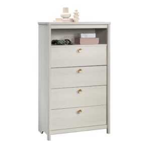 Lack of storage space is a thing of the past. Create a versatile storage solution to your bedroom with this 4-drawer dresser from the Dover Edge® collection. This dresser with open shelf features four spacious drawers that open and close on smooth metal runners and feature safety stops for easy access storage of items like stacks of slacks and your favorite blouses to comfy sweatpants and your collection of t-shirts. This 4-drawer chest features a small open shelf that provides additional storage for jewelry