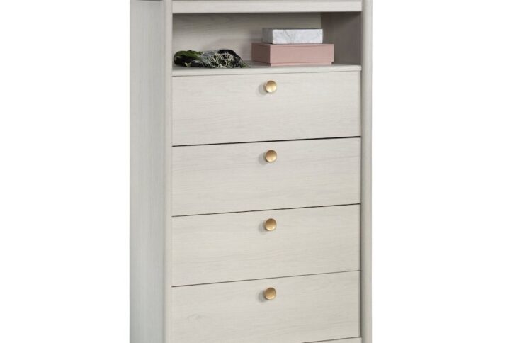 Lack of storage space is a thing of the past. Create a versatile storage solution to your bedroom with this 4-drawer dresser from the Dover Edge® collection. This dresser with open shelf features four spacious drawers that open and close on smooth metal runners and feature safety stops for easy access storage of items like stacks of slacks and your favorite blouses to comfy sweatpants and your collection of t-shirts. This 4-drawer chest features a small open shelf that provides additional storage for jewelry