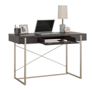 featuring elements from traditional and contemporary styles alike. A wood and metal desk with transitional design