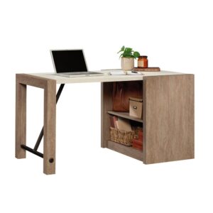 This desk with storage shelves offers country comfort with a twist of contemporary for the ultimate modern farmhouse look in your home office. The base of this commercial office desk is finished in the natural