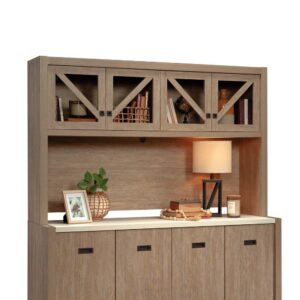 This office hutch with storage from the Dixon City collection will be the contemporary country focal point of your office. Finished in the rustic