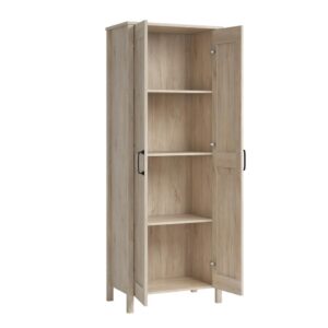 we have just the solution for you! Add versatile storage and a rustic look to your home décor with this tall storage cabinet with doors and shelves from the Sauder Select collection. Behind this storage cabinet's two large doors is a spacious hidden area with two adjustable shelves and one fixed shelf for you to store anything from spare blankets and stacks of towels to board games and your collection of novels. The adjustable shelves on this double door storage cabinet accommodates items of various heights