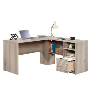 An L-shaped desk with a light finish allows you to store