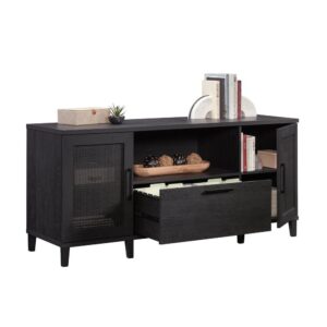 the question of where to put your office essentials and hanging files is answered. This office storage credenza is designed with a spacious top surface for display of books