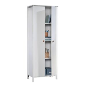 Your solution to a lack of storage space has arrived. Add a versatile and mobile option with a cool and neutral white finish that will match any home décor with this two-door storage cabinet from the Sauder Select collection. Behind the two large doors of this living room storage cabinet is a spacious hidden storage area with two adjustable shelves and one fixed shelf for the most flexible storage options for items of all shapes and sizes. You can store anything from spare blankets