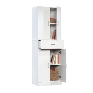 featuring metal runners and safety stops for smooth and secure opening. With abundant storage options and a neutral white finish