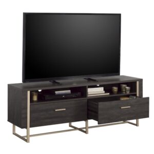 featuring the dark and elegant Blade Walnut™ finish. This metal and wood tv stand is a captivating centerpiece for your living room