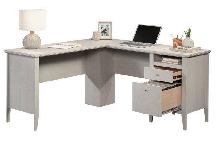 A casual and natural upgrade to any home office – the L-shaped desk from the Larkin Ledge collection features simple forms and a clean finish with plenty of desk space. This home office L-shaped desk features a spacious top surface area