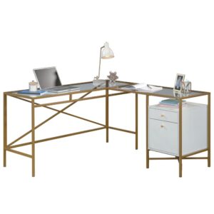 look no further than this glass top L-shaped desk from the Harper Heights collection. This metal frame L-shaped desk offers a spacious top surface with safety-tempered glass that has ample room for notepads