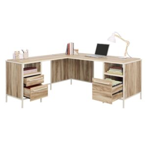 Tackle all your big projects with renewed motivation and inspiration with the addition of this L-shaped desk with drawers from the Nova Loft collection. One simple piece will give your home office a touch of modern style coupled with glorious organization. Two spacious storage drawers feature metal runners and safety stops. An additional larger drawer has full extension slides