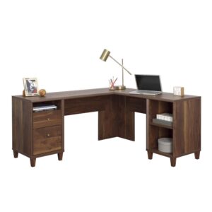 dark Grand Walnut finish of this L-shaped desk. Featuring its own file drawer with full extension slides that holds letter-size hanging files