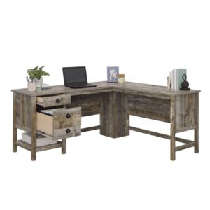 The L-shaped home office desk from the Granite Trace collection is finished in Rustic Cedar