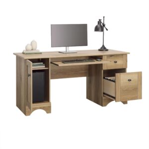 Work in style at home or in the office with the Sauder Select collection computer desk with drawers in Timber Oak finish. This home office desk features a slide-out keyboard/mouse shelf with metal runners and safety stops to keep the surface workspace free